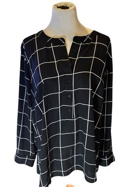Lane Bryant Black and White Windowpane 3/4 Button-Up Blouse Size 22/24